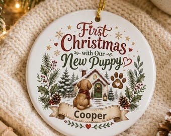 First Christmas with Our New Puppy Ceramic Ornament | Personalized Name