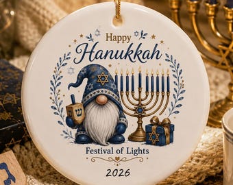 Happy Hanukkah Gnome Ceramic Ornament | Round Double-Sided Hanukkah Decoration