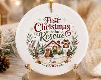 First Christmas with Our Rescue Ceramic Ornament | Pet Rescue Paw Print Keepsake