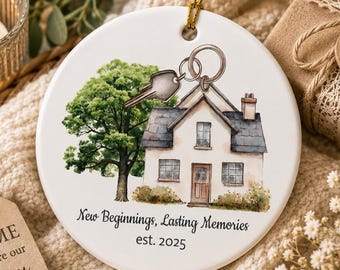 New Beginnings House Illustration Ceramic Ornament | Personalized Two-Sided Christmas Ornament