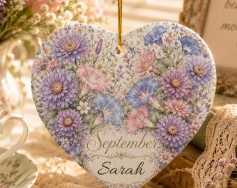 Personalized September Birth Flower Heart Ornament, Aster Morning Glory Sapphire Keepsake