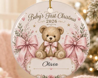 Baby's First Christmas Teddy Ornament | Ceramic Round Name Ornament