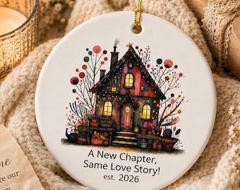 Cozy Cottage Est. Year Illustration Ornament Ceramic Ornament