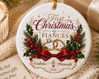 First Christmas as Fiancés Ceramic Ornament | Personalized Names, 2-Sided