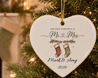 Mr & Mrs Christmas Stockings Ceramic Ornament | Heart-Shaped Personalized 2026