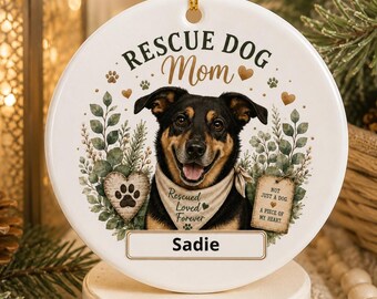Rescue Dog Mom ornament | Personalized Ceramic Double-Sided Pet Name