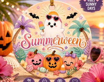 Summerween Ceramic Ornament, Spooky Summer Halloween Ornament, Beachy Halloween Decor, Cute Ghost Pumpkin Ornament Gift