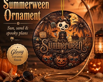 Summerween Ceramic Ornament, Spooky Summer Halloween Ornament, Beachy Halloween Decor, Cute Skeleton Pumpkin Ornament Gift