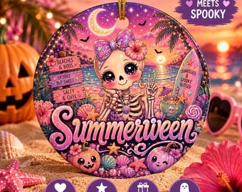 Summerween Ceramic Ornament, Spooky Summer Halloween Ornament, Beachy Halloween Decor, Cute Skeleton Pumpkin Ornament Gift