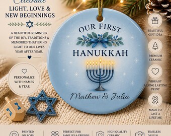 Our First Hanukkah Ornament, Personalized Menorah Newlywed Keepsake