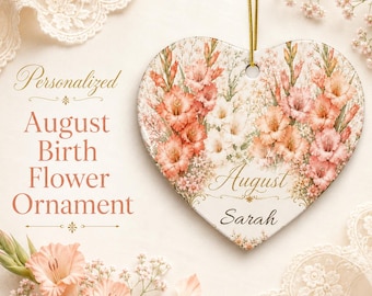 Personalized August Birth Flower & Birthstone Heart Ornament, Gladiolus Poppy Peridot Ceramic Keepsake, Custom Name Birthday Gift