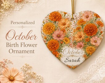 Personalized October Birth Flower Heart Ornament, Marigold Ceramic Keepsake, Custom Name Ornament, October Birthday Gift