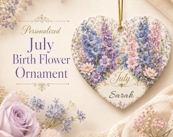 Personalized July Birth Flower Heart Ornament, Water Lily Ceramic Keepsake, Custom Name Ornament, July Birthday Gift
