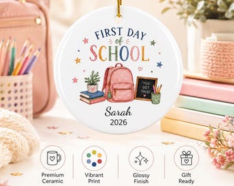 First Day of School ceramic ornament | Personalized name and year, round double-sided