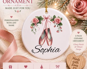 Personalized Ballet Slipper Ornament, Christmas Keepsake, Gift for her, Customized Holiday, Ceramic Ornaments