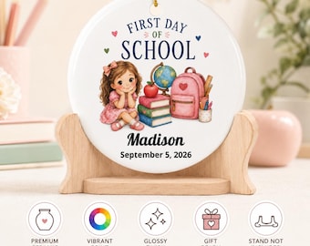 First Day of School Ornament | Ceramic Round Personalized Name Date