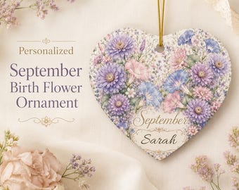 Personalized September Birth Flower Heart Ornament, Aster Ceramic Keepsake, Custom Name Ornament, September Birthday Gift