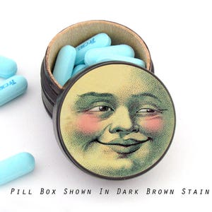 Moon Face Wooden Pill Box: Refillable Keepsake Box