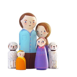Custom Peg Doll Family Set, Unique Wooden Family Portrait Painted Personalized Peg Dolls Wooden Toys, Made to Order Doll Family, handmade 画像 1