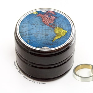 World Map Lidded Wooden container Ring Box, Travel souvenir Keepsake