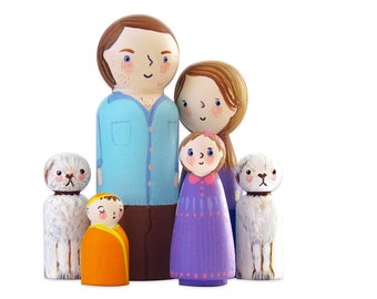 Custom Peg Doll Family Set, Unique Wooden Family Portrait Painted Personalized Peg Dolls Wooden Toys, Made to Order Doll Family, handmade