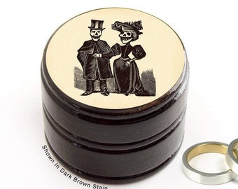 Day of the Dead Bride and Groom Wooden Lined Ring Box, Pill Box, Skulls, Ring Bearer Pillow Alternative, Anniversary, Man & Woman, Pot Stash