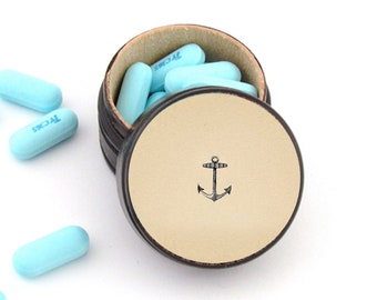 Little Anchor Wooden Pill Box, Nautical Lined Wedding Bands Ring Box, You are my Anchor, refillable storage box, Circular Trinket Box, Vegan