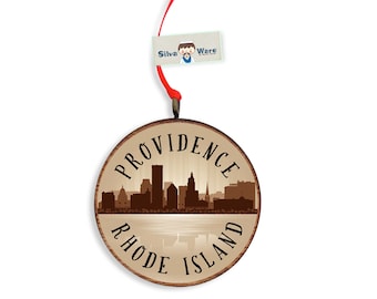 Providence Rhode Island Ornement, Ville de Providence Souvenir Souvenir Arbre Ornement, Stocking Stuffer, Downtown Cityscape, Gift Tag, Brown