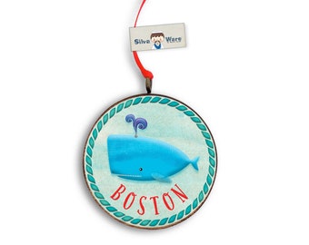 BOSTON Blue Whale Circular Tree Ornament, Massachusetts State Souvenir Keepsake Ornament, Christmas Stocking