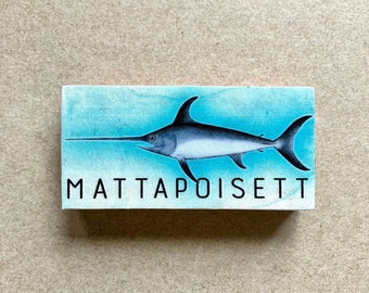 Mattapoisett Swordfish rectangular wooden refrigerator magnet, Massachusetts Souvenirs