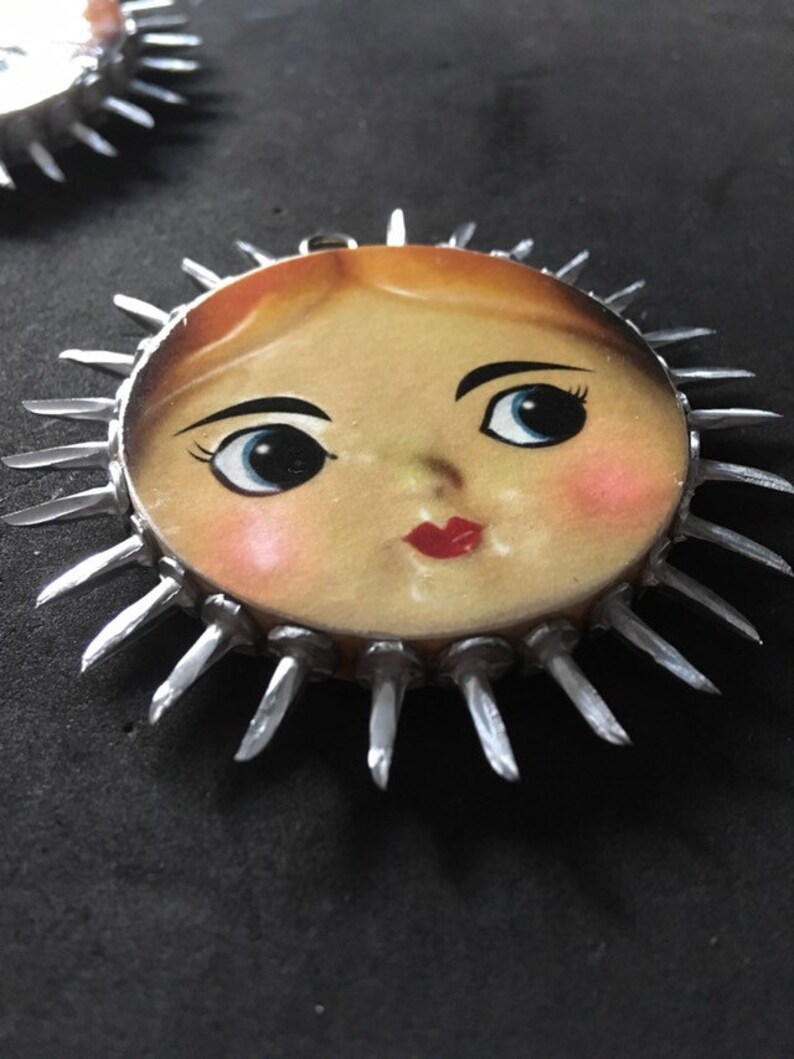 Doll Face Tree Ornament Mixed Media Holiday Keepsake Sun image 3