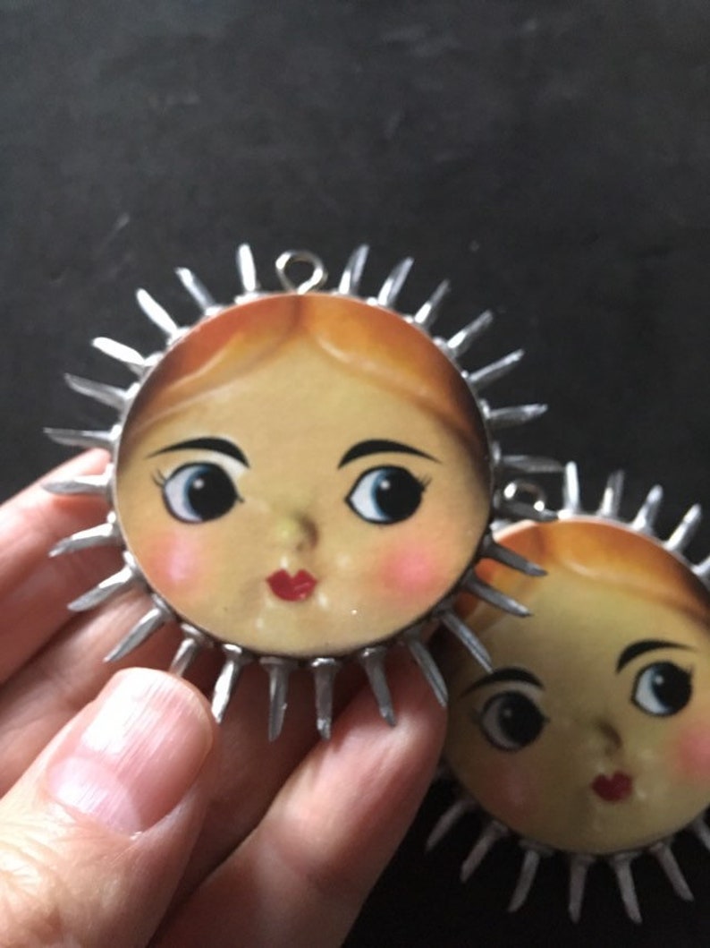 Doll Face Tree Ornament Mixed Media Holiday Keepsake Sun image 4