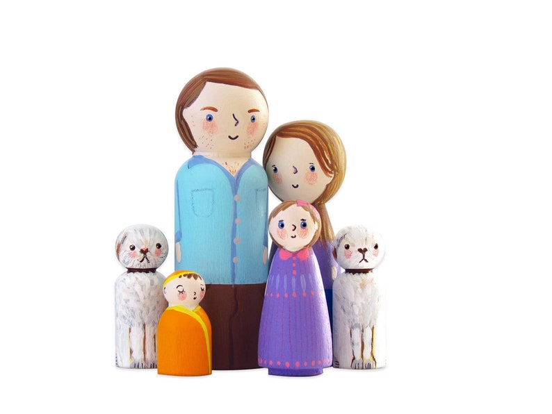 Custom Peg Doll Family Set, Unique Wooden Family Portrait Painted Personalized Peg Dolls Wooden Toys, Made to Order Doll Family, handmade 画像 1