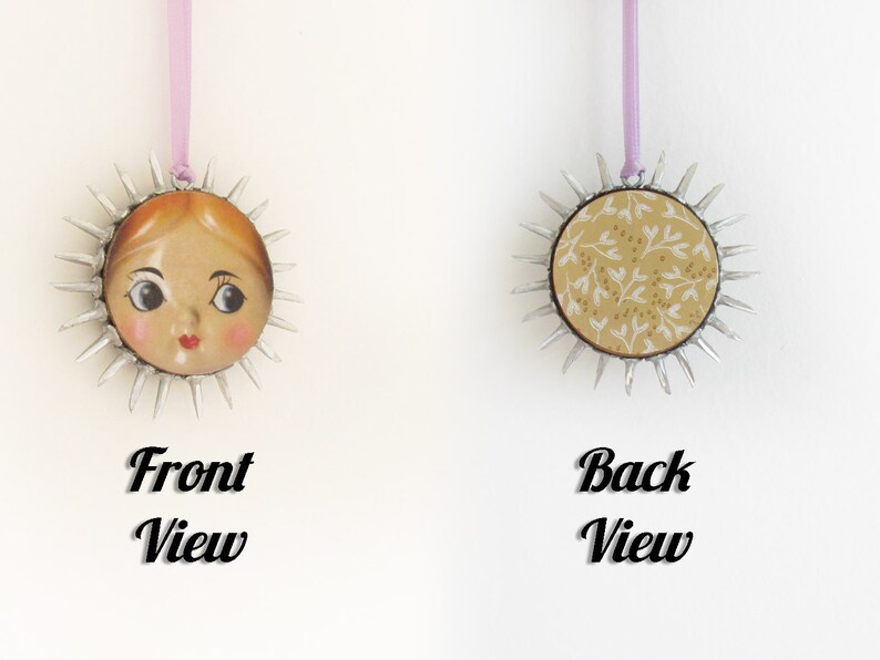Doll Face Tree Ornament Mixed Media Holiday Keepsake Sun image 6