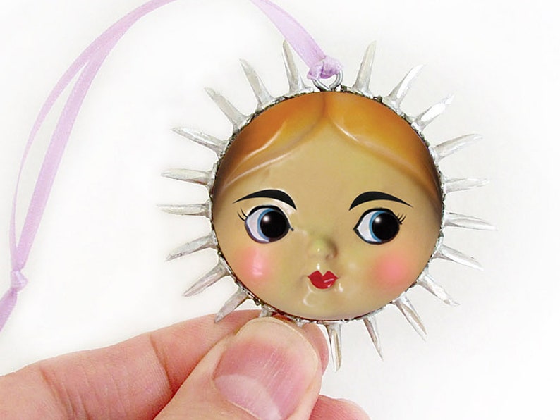 Doll Face Tree Ornament Mixed Media Holiday Keepsake Sun image 0