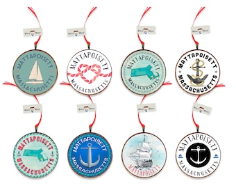 Mattapoisett Massachusetts Souvenir Keepsake Ornaments, Gift Tag, POI Circular Ornament, Sailboat, Ship, Anchor, State Silhouette Heart Rope