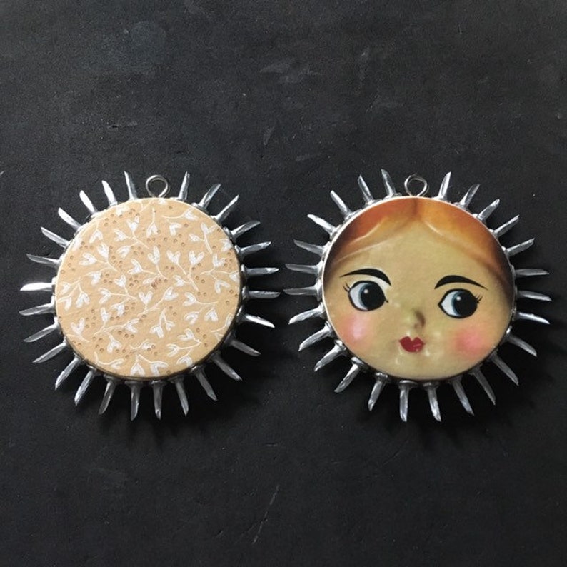 Doll Face Tree Ornament Mixed Media Holiday Keepsake Sun image 8