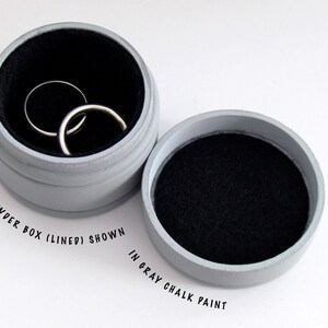 May include: A gray, round powder box with a black interior lining, shown open with two silver rings inside. The box is painted in gray chalk paint. The text "POWDER BOX (LINED) SHOWN IN GRAY CHALK PAINT" is printed on the image.
