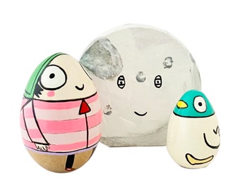 Sarah & Duck and Moon Character Wood Dolls, Limited Edition Solid Wooden Play Set, Handmade Miniature Toy