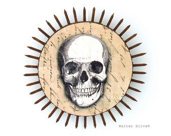 Circular Spiky Skull Wall ART Sculpture, Head, Skeleton, Vintage Typograghy