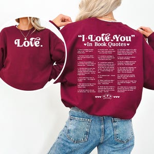Spersonalizowana bluza z nadrukiem Kocham Cię w cytatach z książek, koszulka dla miłośników książek, koszulka walentynkowa, różne sposoby powiedzenia Kocham Cię, prezent dla czytelnika