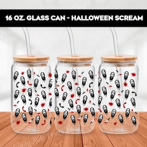 Halloween Glass Can with Bamboo Lid & Straw | Horror Fan Iced Coffee Cup | Scream Fan Drinkware | Reusable Glass | Halloween Gift
