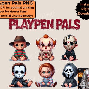Może przedstawiać: Grafika cyfrowa przedstawiająca sześć postaci z kreskówek inspirowanych ikonami horrorów, w tym Freddy'ego Kruegera, Pennywise'a i Jasona Voorheesa. Tekst "PLAYPEN PALS" jest wyświetlany nad postaciami. Obraz zawiera również tekst "Natychmiastowe pobieranie cyfrowe!"