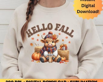 Hello Fall Highland Cow PNG : motif automne en sublimation (téléchargement numérique)
