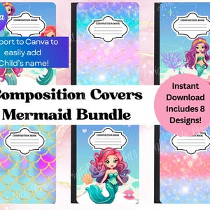 May include: A collection of eight composition book covers featuring mermaid designs. The covers showcase various color schemes, including pink, blue, and purple, with mermaid illustrations and scale patterns. Each cover has a label area for the composition book title.