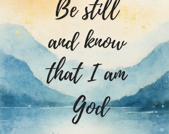May include: A watercolor print featuring a landscape of blue mountains and a calm body of water. The text in black script reads, Be still and know that I am God, followed by the text PSALM 46:10 in a simple sans-serif font at the bottom.