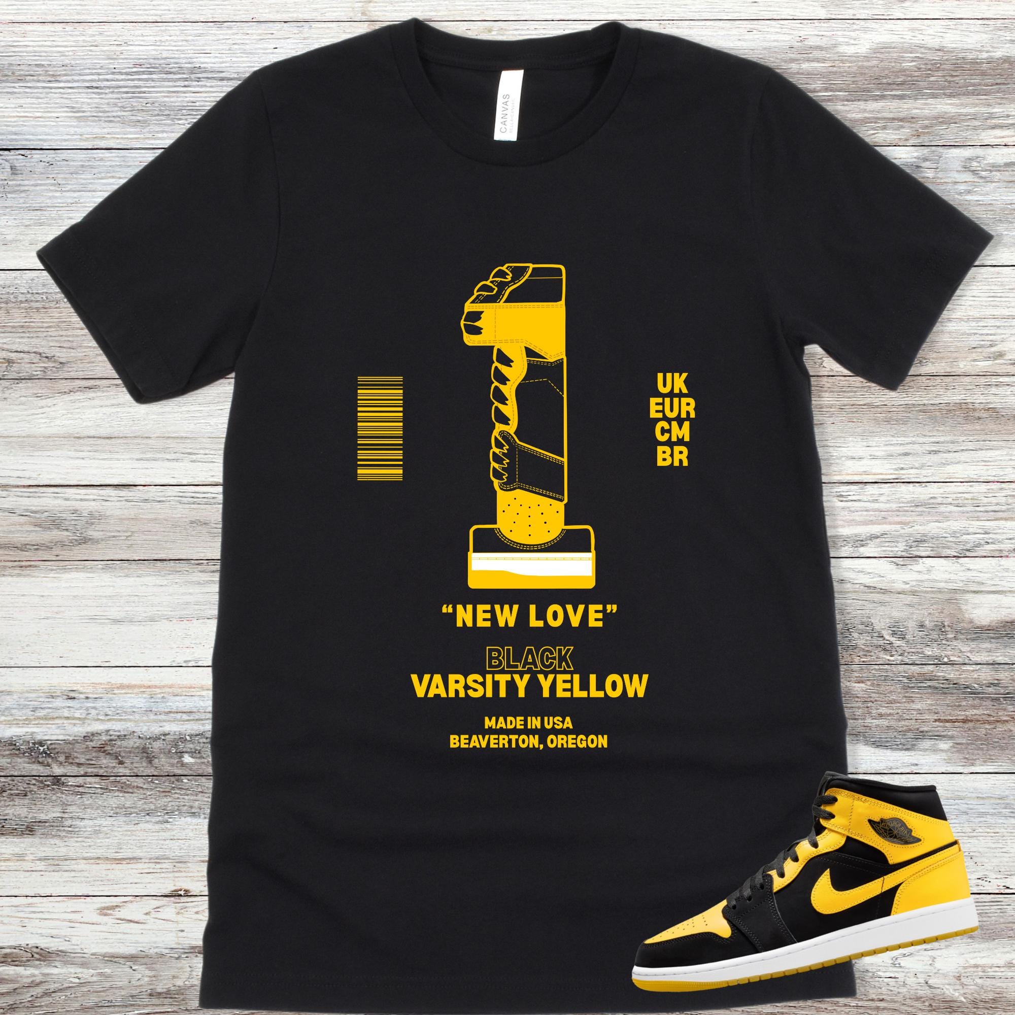 Jordan 1 New Love 2025 Sneaker Match Shirts, Varsity Yellow Black, Yellow New Love Jordan 1 T-shirt