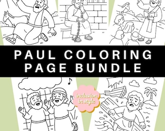May include: A black and white coloring page bundle featuring illustrations of Paul from the Bible. The pages include scenes of Paul's shipwreck, worship in prison, and other biblical events. The text "PAUL COLORING PAGE BUNDLE" is displayed.