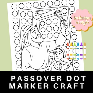 May include: Black and white line art illustration of a man, woman, and child. The man is holding a broom and is standing in front of a large square with circles inside. The image is titled "Passover Dot Marker Craft".