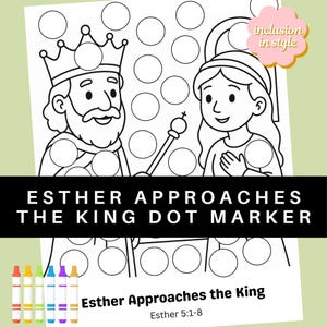 Op de afbeelding: Zwart-wit kleurplaat getiteld "Esther Approaches the King Dot Marker". De afbeelding toont een koning met een kroon en een vrouw, met cirkels voor stippenmarkers. Inclusief kleurpotloden en de tekst "Esther 5:1-8."